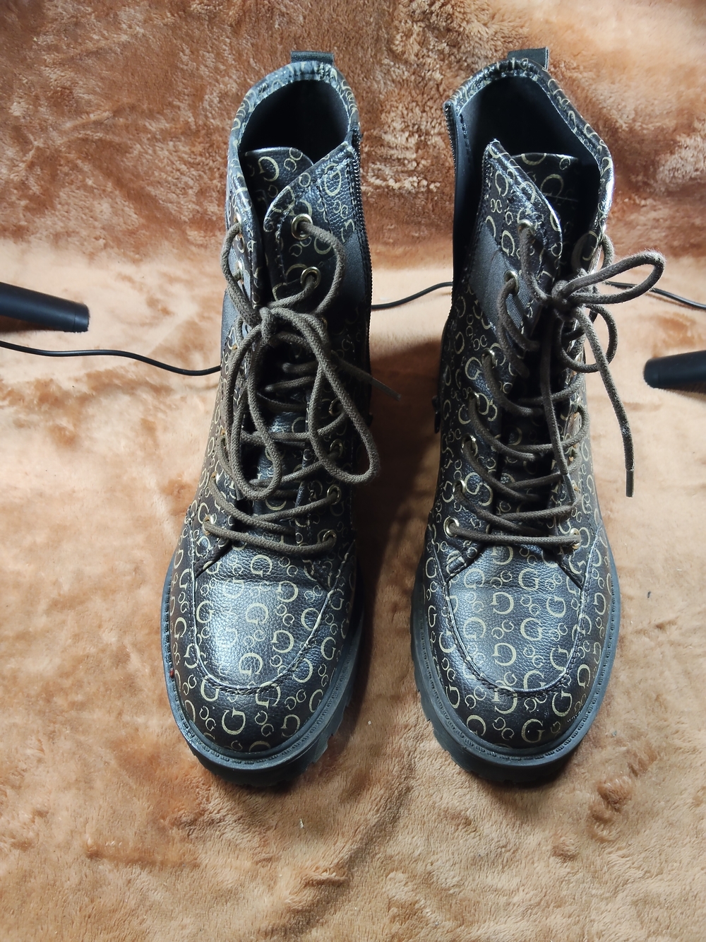 Guess Brown Monogram Lace-Up Combat Boots